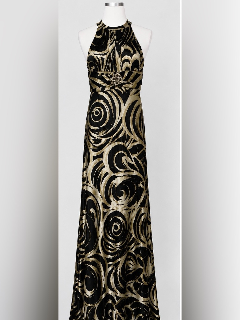Vintage Cache Y2K Prom Black and Gold Halter Maxi Dress with Swirl Motif Size 2